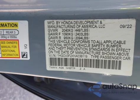 2022 Honda Accord Hybrid Sport from USA, damaged, VIN 1HGCV3F2XNA038119